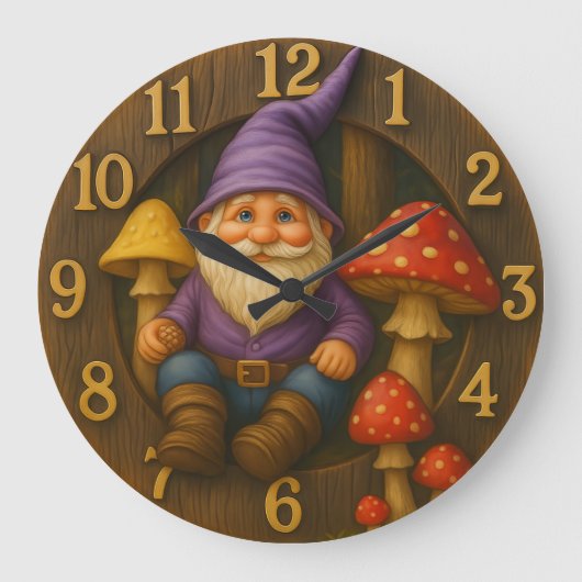 Cute gnome rustic style mushroom forest clock ラージ壁時計 (正面)