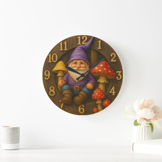 Cute gnome rustic style mushroom forest clock ラージ壁時計 (ホーム)