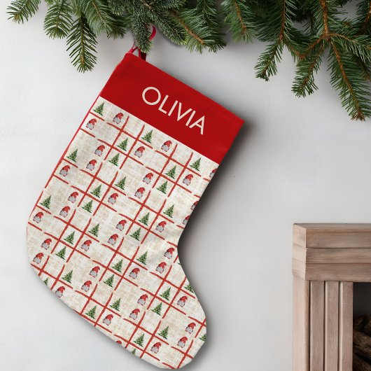 Cute Gnomes & Trees – Linen Christmas Design スモールクリスマスストッキング