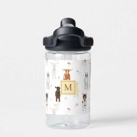 Cute Goats Farm Animals Monogrammed ウォーターボトル (背面)