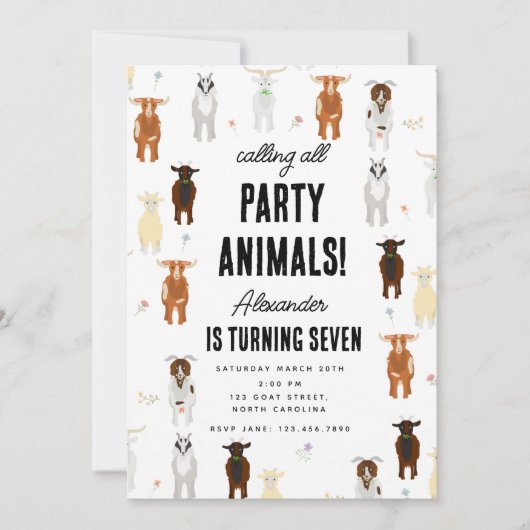 Cute Goats Farm Party Animals Goat Birthday Theme 招待状 (正面)