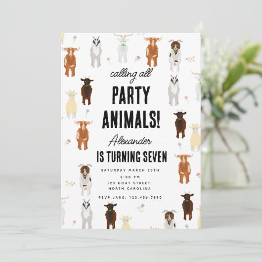 Cute Goats Farm Party Animals Goat Birthday Theme 招待状 (スタンド正面)