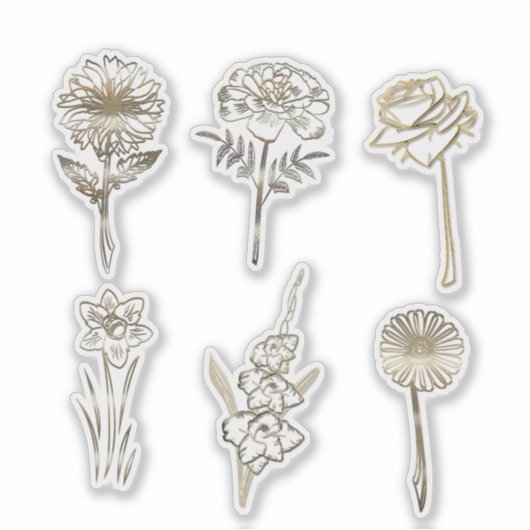 Cute Gold Abstract Flowers Drawing シール (正面)