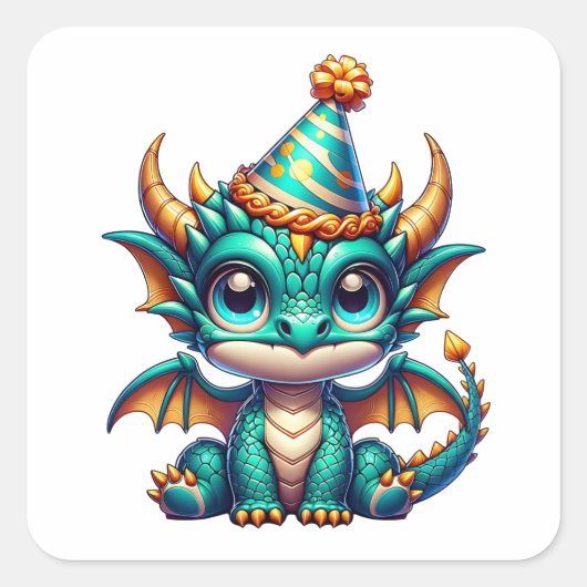 Cute Gold and Teal Dragon Boy's Birthday Party スクエアシール (正面)