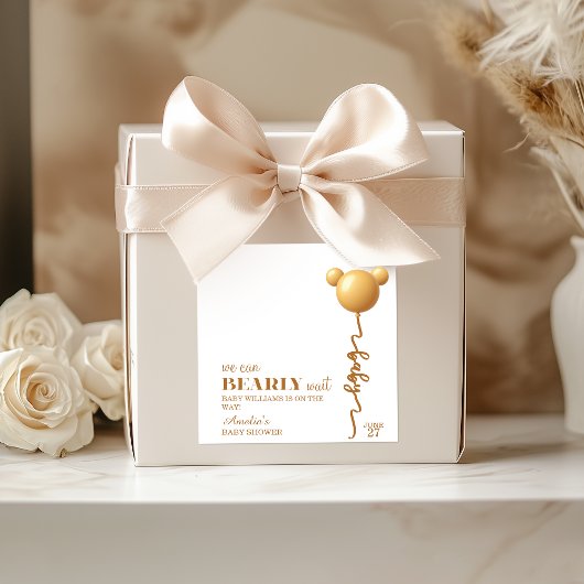 Cute Gold Bear Balloon Bearly Wait Neutral スクエアシール