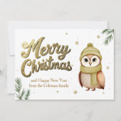 Cute Gold Glitter Merry Christmas Owl シーズンカード (正面)