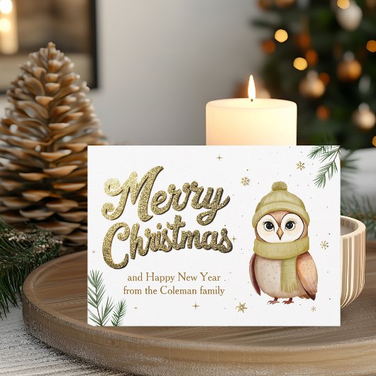 Cute Gold Glitter Merry Christmas Owl シーズンカード