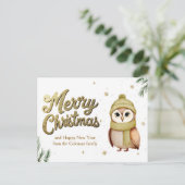 Cute Gold Glitter Merry Christmas Owl シーズンポストカード (スタンド正面)