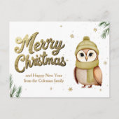 Cute Gold Glitter Merry Christmas Owl シーズンポストカード (正面)