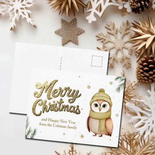 Cute Gold Glitter Merry Christmas Owl シーズンポストカード