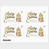 Cute Gold Glitter Merry Christmas Owl 長方形シール (シート)