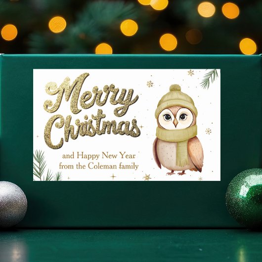 Cute Gold Glitter Merry Christmas Owl 長方形シール