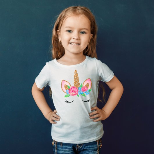 Cute Gold Glitter Unicorn Floral T-Shirt Tシャツ