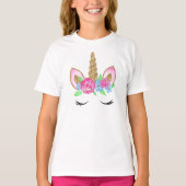 Cute Gold Glitter Unicorn Floral T-Shirt Tシャツ (正面)