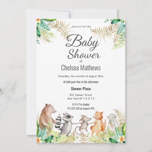 Cute Gold Green Brown Floral Animal Baby Shower In 招待状 (正面)