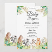 Cute Gold Green Brown Floral Animal Baby Shower In 招待状 (正面/裏面)