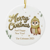 Cute Gold Merry Christmas Owl Personalized セラミックオーナメント (正面)