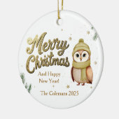 Cute Gold Merry Christmas Owl Personalized セラミックオーナメント (左)