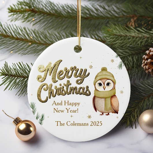 Cute Gold Merry Christmas Owl Personalized セラミックオーナメント