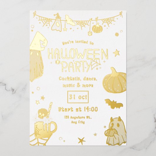 Cute Gold Spooky  Halloween Party 箔招待状 (正面)