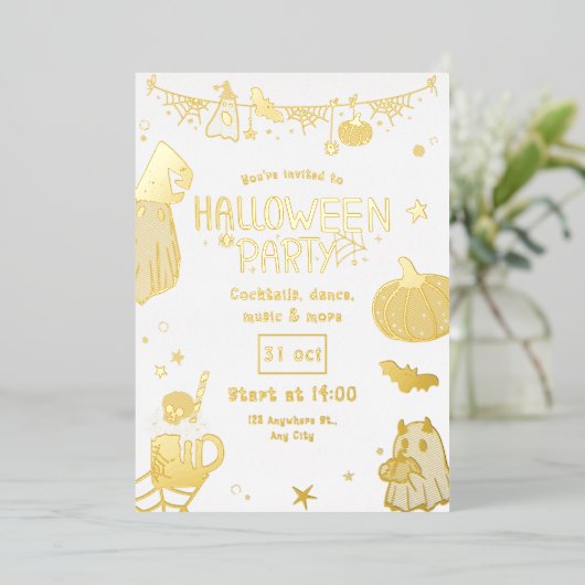 Cute Gold Spooky  Halloween Party 箔招待状 (立ち正面)