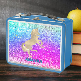 Cute  gold unicorn Glitter colorful monogram メタルランチボックス