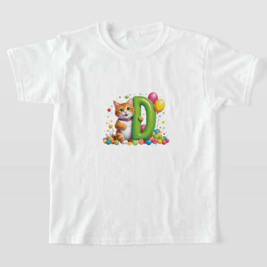 "Cute Golden Cat Holding Green Balloon Letter D   Tシャツ (レイダウン)