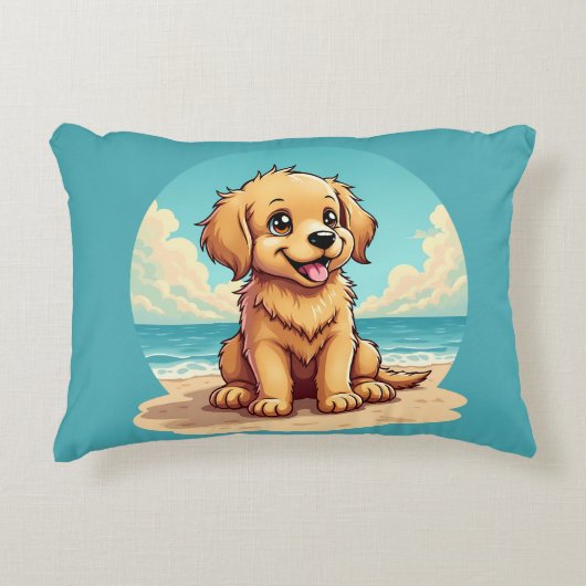 Cute Golden Puppy at Sunny Beach Scene アクセントクッション (正面)