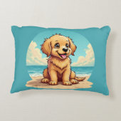 Cute Golden Puppy at Sunny Beach Scene アクセントクッション (裏面)