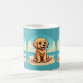 Cute Golden Puppy at Sunny Beach Scene コーヒーマグカップ (中央)