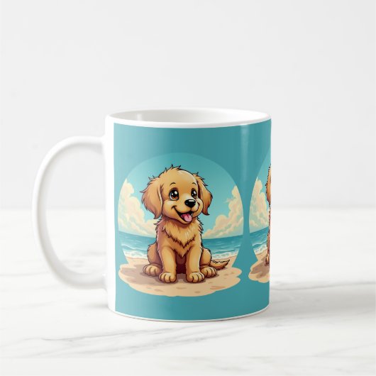 Cute Golden Puppy at Sunny Beach Scene コーヒーマグカップ (左)