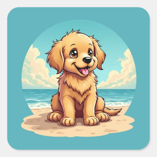 Cute Golden Puppy at Sunny Beach Scene スクエアシール (正面)