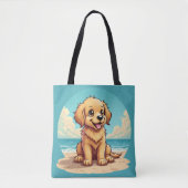 Cute Golden Puppy at Sunny Beach Scene トートバッグ (正面)