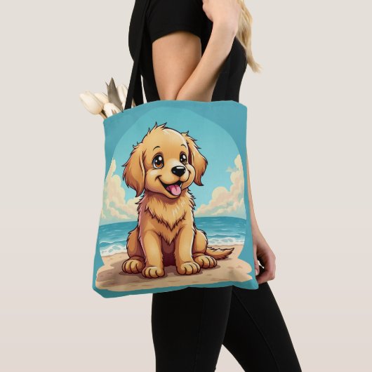 Cute Golden Puppy at Sunny Beach Scene トートバッグ (クローズアップ)