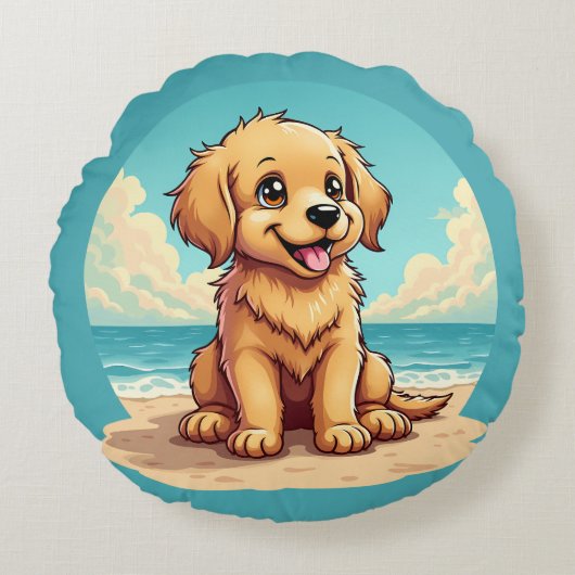 Cute Golden Puppy at Sunny Beach Scene ラウンドクッション (正面)