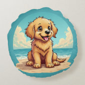 Cute Golden Puppy at Sunny Beach Scene ラウンドクッション (裏面)