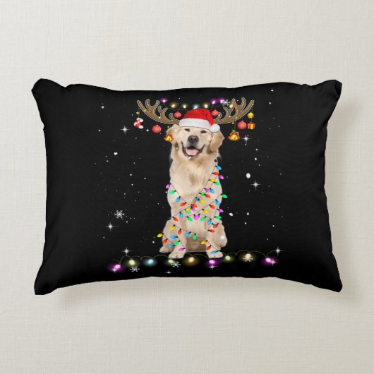 Cute Golden Retriever Christmas Lights Reindeer アクセントクッション (正面)