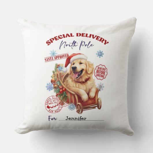 Cute Golden Retriever Christmas Throw Pillow クッション (正面)