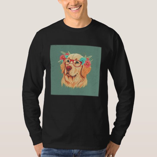 Cute Golden Retriever Illustration Floral Glasses Tシャツ (正面)