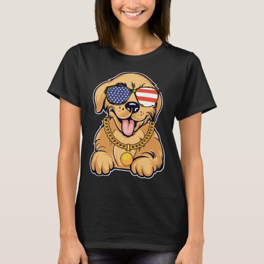 Cute Golden Retriever With USA Sunglasses Patrioti Tシャツ (正面)