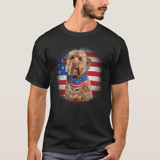 Cute Goldendoodle Dog American Flag Indepedence Da Tシャツ (正面)