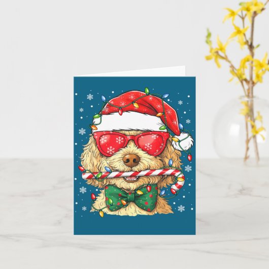 Cute Goldendoodle Santa Hat Xmas Lights Goldendood カード (黄色い花)