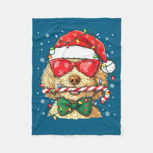 Cute Goldendoodle Santa Hat Xmas Lights Goldendood フリースブランケット (正面)