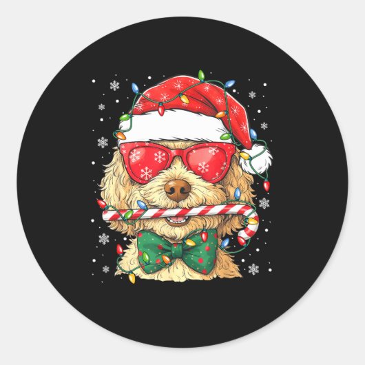 Cute Goldendoodle Santa Hat Xmas Lights Goldendood ラウンドシール (正面)