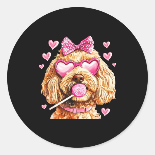 Cute Goldendoodle Wearing Gles Heart Puppy Valenti ラウンドシール (正面)