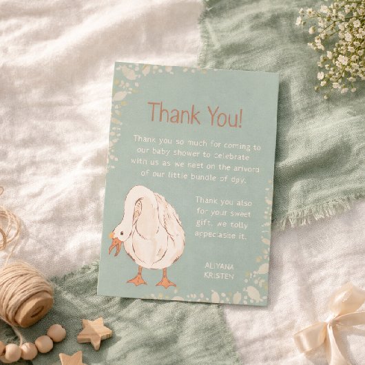 Cute Goose Minimal Boho Green Baby Shower サンキューカード