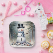 Cute Gorgeous Snowman Frosted Landscape Forest ペーパープレート (パーティー)