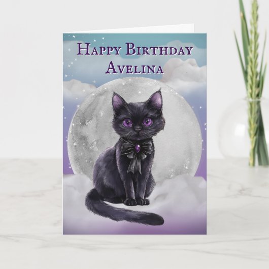Cute Gothic Black Cat Full Moon Birthday Card カード (正面)