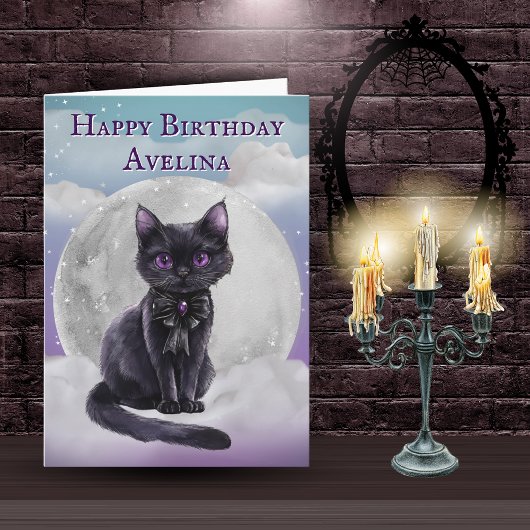 Cute Gothic Black Cat Full Moon Birthday Card カード