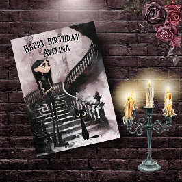 Cute Gothic Girl With Her Black Cat Birthday Card カード